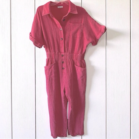 White Birch Pink Gauze Button-Up Jumpsuit | Size Large  boho beachy cottagecore - Picture 2 of 15